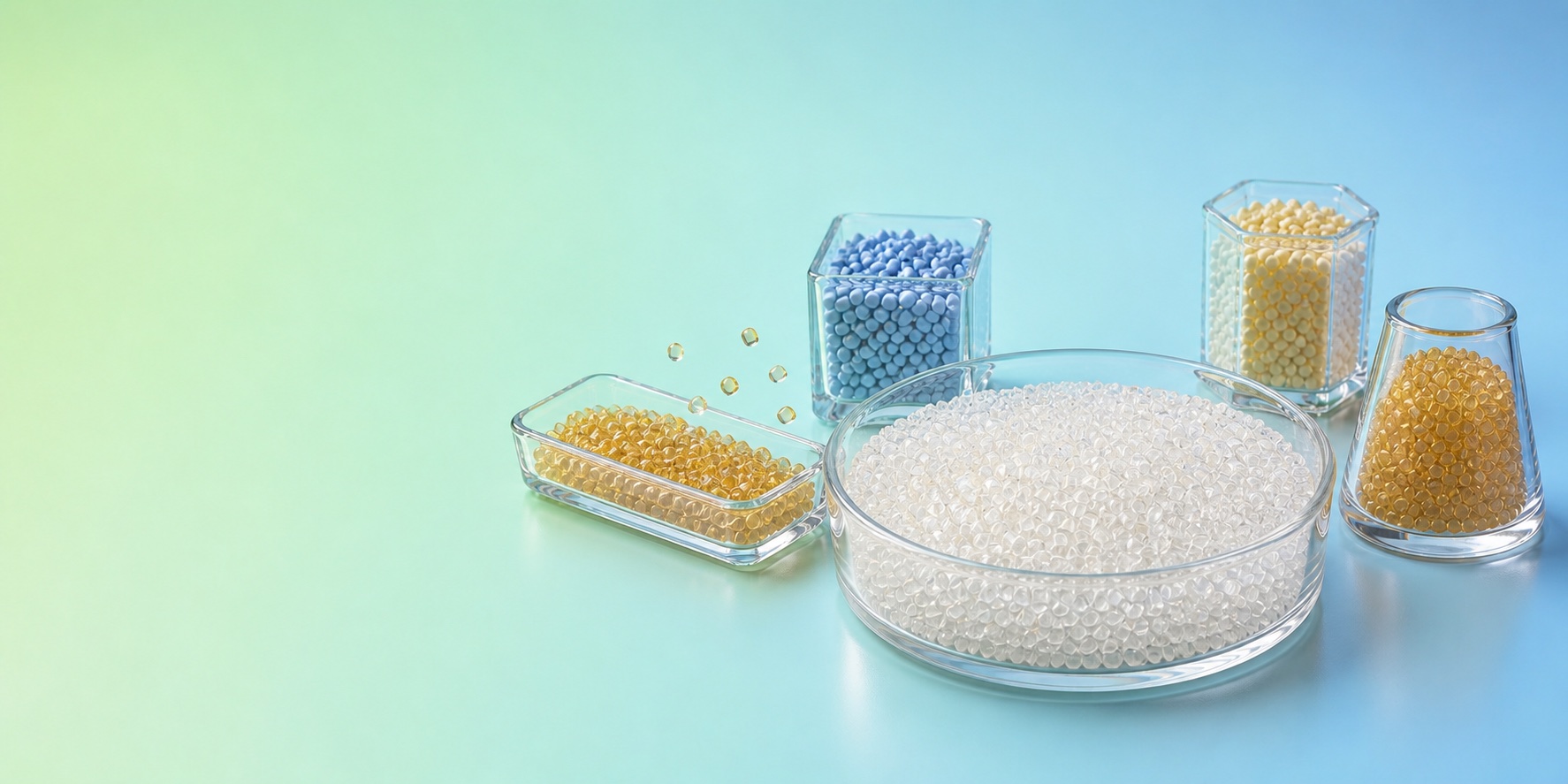 Additive masterbatch pellets arranged in laboratory glass containers