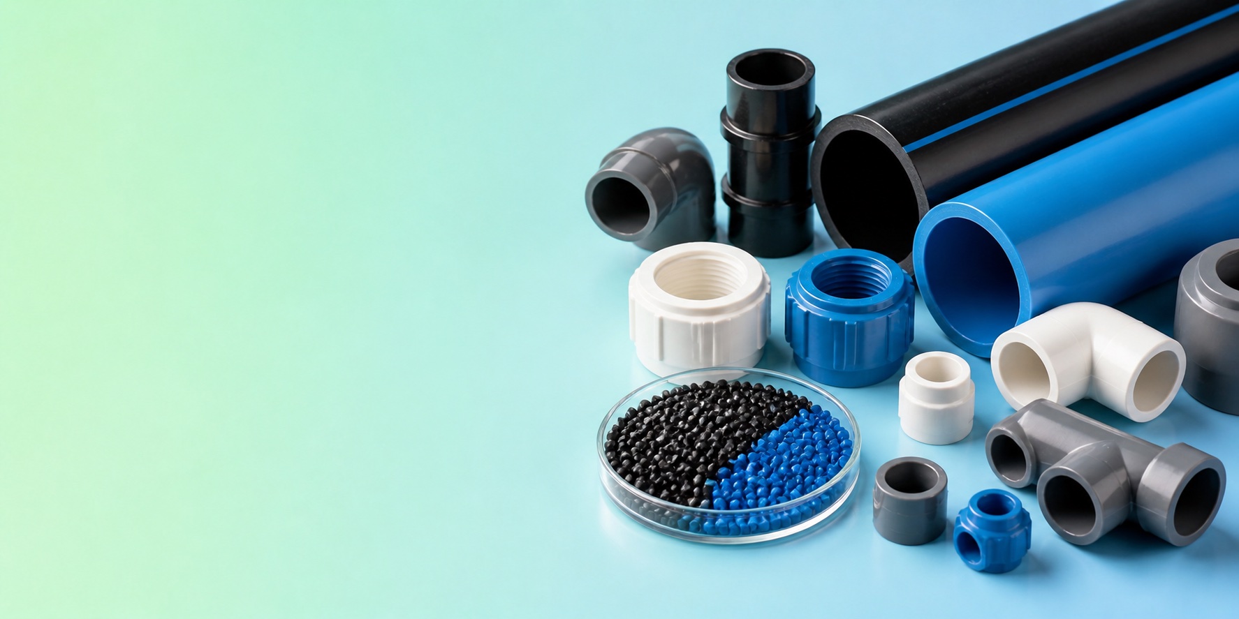 Plastic pipes, fittings and masterbatch pellets
