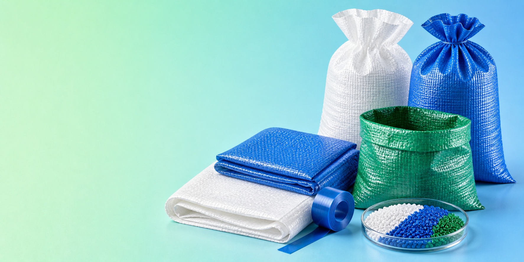 Polypropylene woven bags, raffia tape and masterbatch pellets