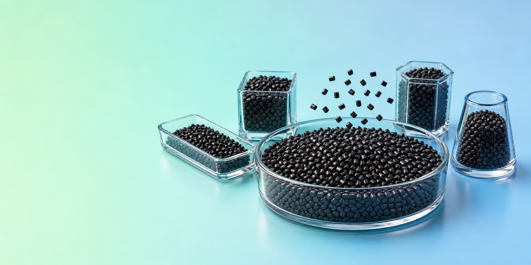 Black masterbatch pellets in laboratory glass containers
