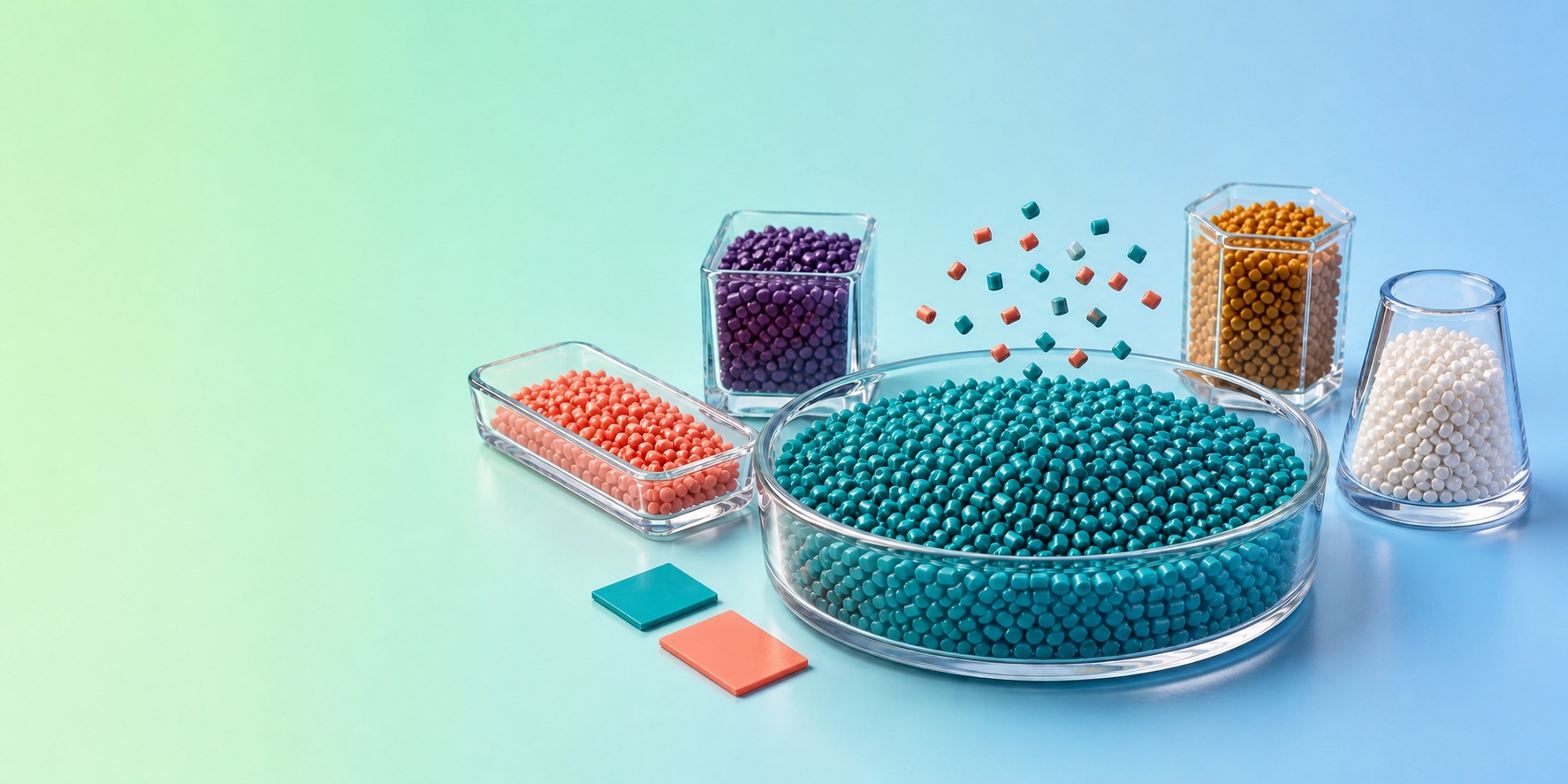 Custom masterbatch pellets and color samples in laboratory glass containers