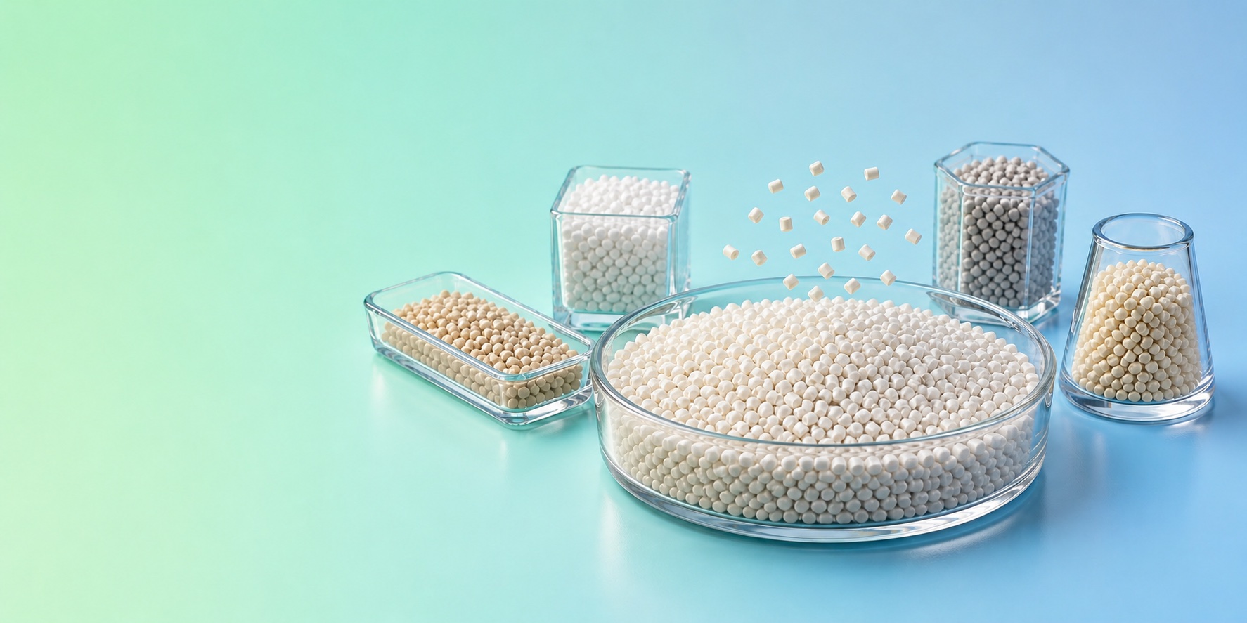 Filler masterbatch pellets arranged in laboratory glass containers