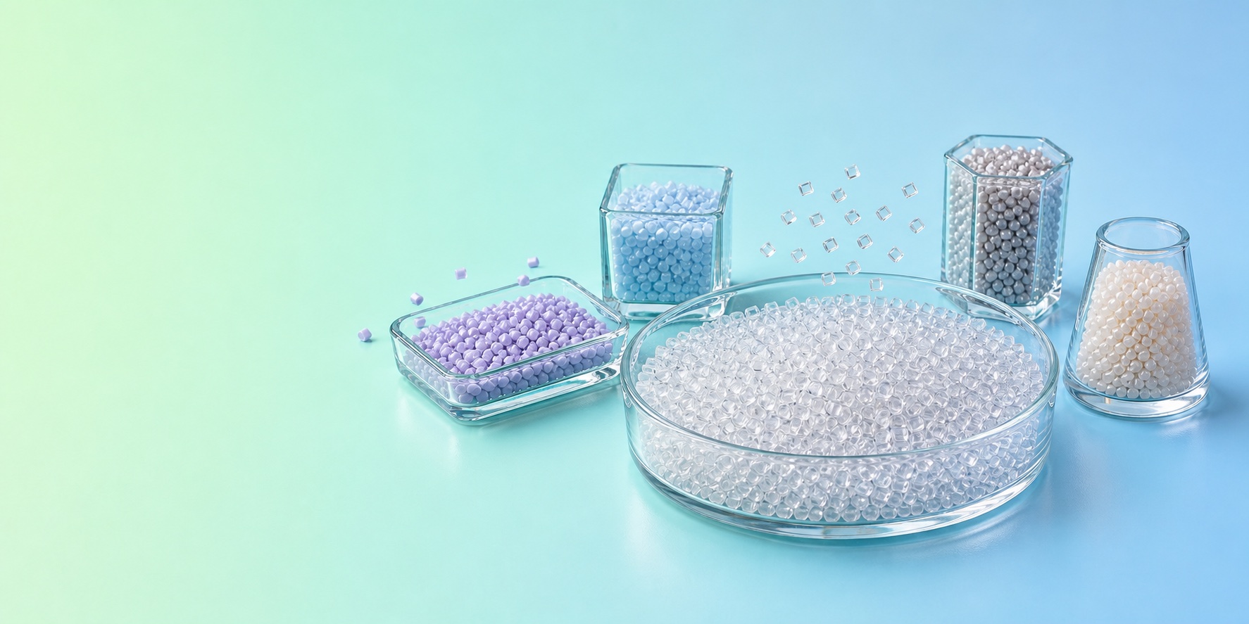 Functional masterbatch pellets arranged in laboratory glass containers