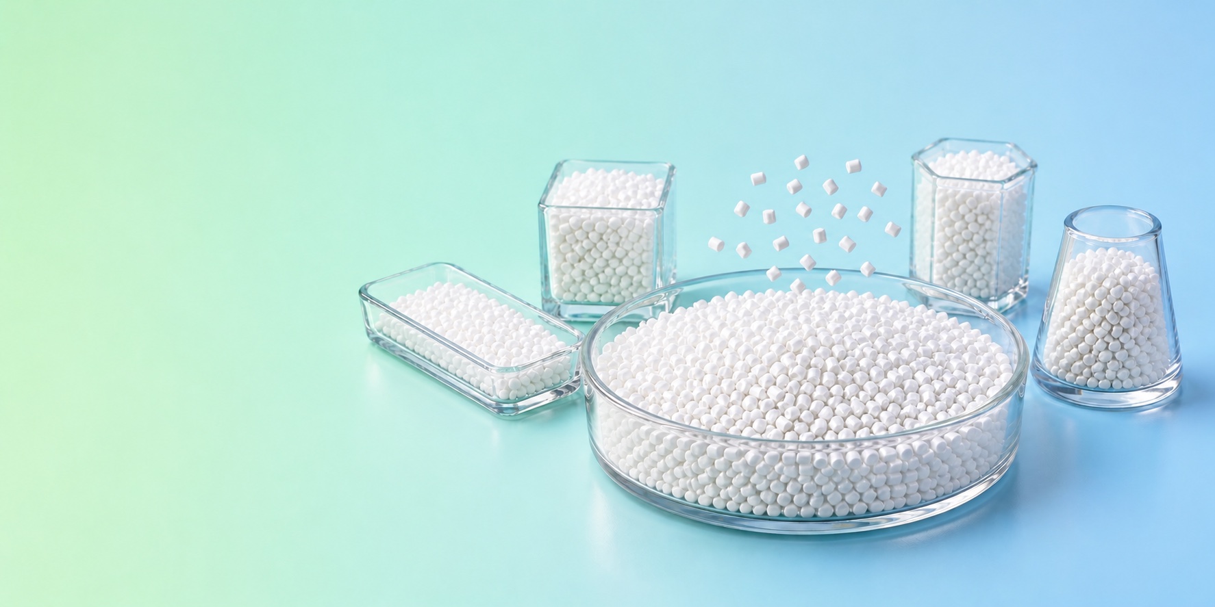 White masterbatch pellets arranged in laboratory glass containers